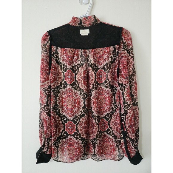 Kate Spade Womens Blouse Red Gold Black Long Sleeve Ruffles Sheer *FLAW* Size S - Picture 4 of 9